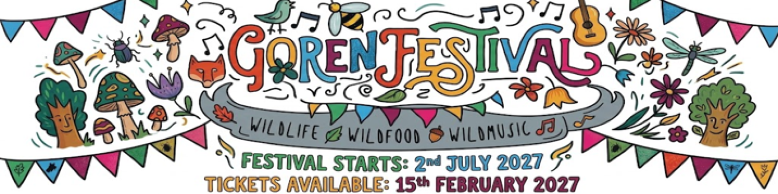 colourful festival banner showing date and when we sell tickets on 15th feburary 2027